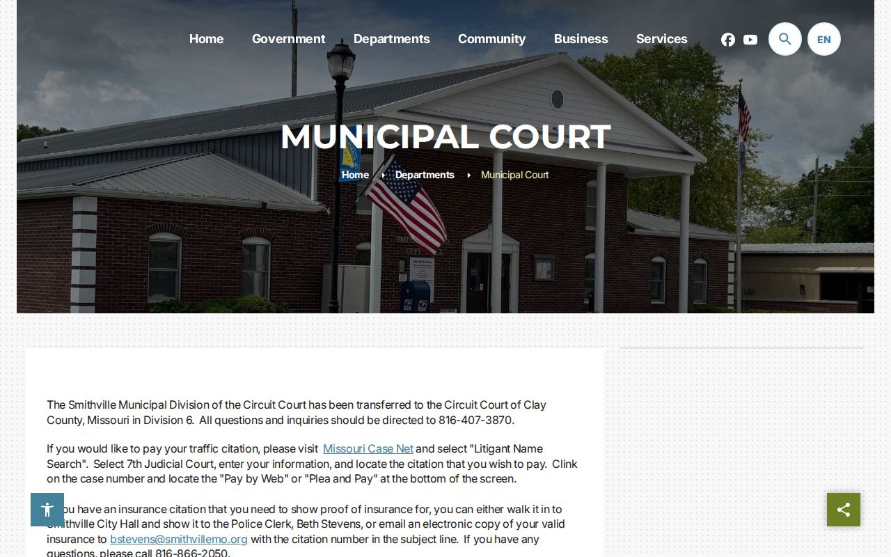 Clay County case lookup record showing Smithville municipal court transfer information